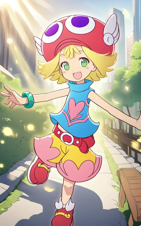 <lora:sdxl-py-amitie:1> 1girl amitie, cute, green eyes, blonde hair, short hair, bracelet, jewelry, hat, skyblue shirt sleeveless, red belt, red shoes, yellow shorts, pink heart,:D, extremely quality extremely detailed, illustration, cute anime face cinematic lighting, Skyscraper bokeh, depth of field, strong light coming in light rays light sparkles lens flare deep shadows caustics golden hour
