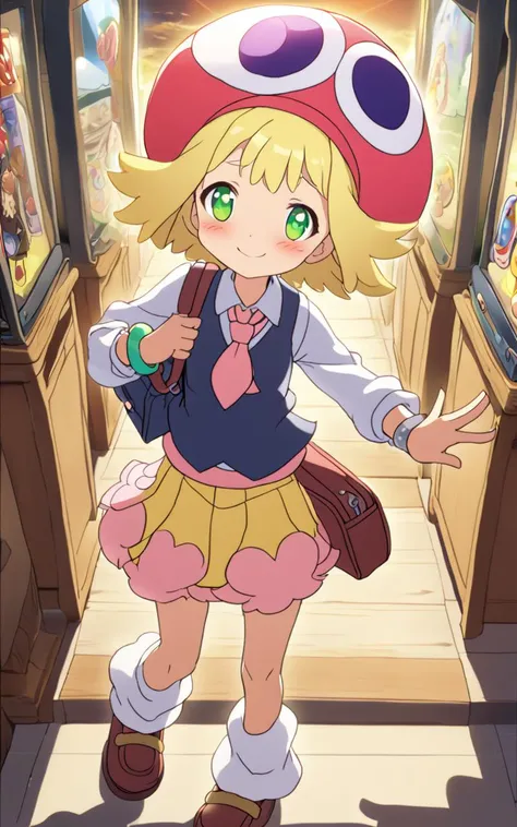 <lora:sdxl-py-amitie:0.7> 1girl amitie, cute, green eyes, blonde hair, short hair, bracelet, jewelry, hat,embarrassed nose blush smile, foot focus (focus sole of foot), full body, looking to the side, warm light sunset, rays light sparkles lens flare deep shadows, depth of field peerless scenery sentimental, school uniform , black vest , blond necktie , loose socks, lowfers, school bag, extremely quality extremely detailed, illustration, cute anime face cinematic lighting, Arcade