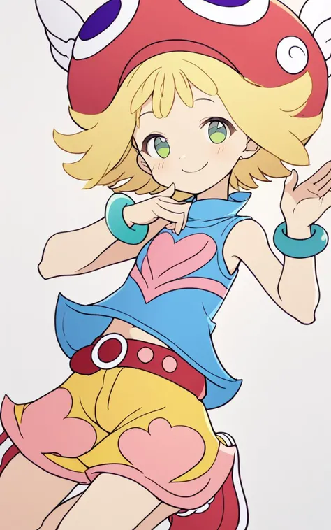 <lora:sdxl-py-amitie:1> 1girl amitie, cute, green eyes, blonde hair, short hair, bracelet, jewelry, hat, skyblue shirt sleeveless, red belt, red shoes, yellow shorts, pink heart,Smiling, masterpiece