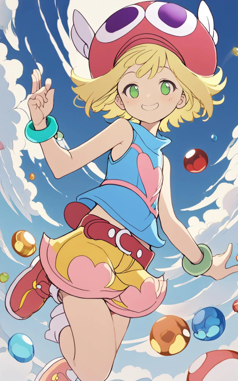 <lora:sdxl-py-amitie:1> 1girl amitie, cute, green eyes, blonde hair, short hair, bracelet, jewelry, hat, skyblue shirt sleeveless, red belt, red shoes, yellow shorts, pink heart,Buoyant Smile, masterpiece