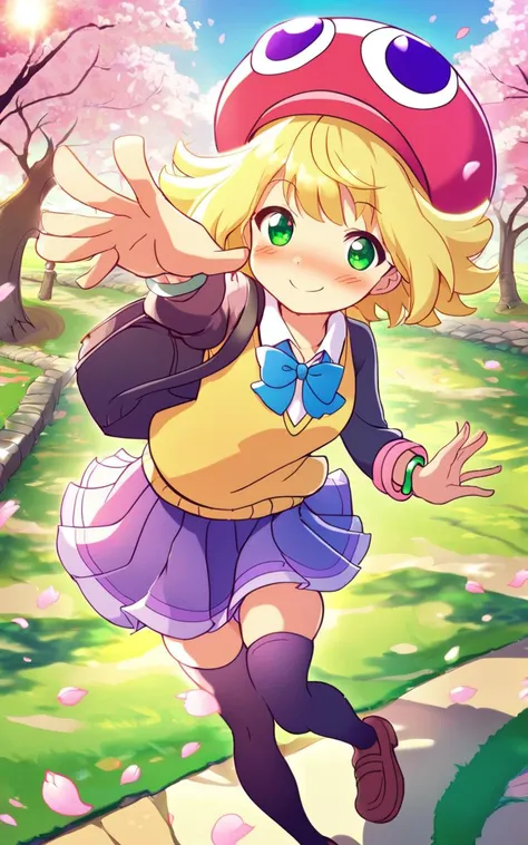 <lora:sdxl-py-amitie:0.7> 1girl amitie, cute, green eyes, blonde hair, short hair, bracelet, jewelry, hat,embarrassed nose blush smile, POV, face to tiptoe, looking at viewer, warm light sunset, rays light sparkles lens flare deep shadows, depth of field peerless scenery sentimental, Peachland, fantastic, (cherry blossoms), park, petals, wind, school uniform , black long sleeve, sweater , sky blue bowtie , thighhighs, lowfers, school bag