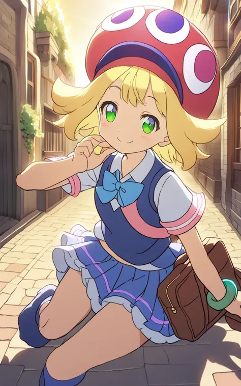 <lora:sdxl-py-amitie:0.7> 1girl amitie, cute, green eyes, blonde hair, short hair, bracelet, jewelry, hat,kind smile, between the legs, upper body, looking ahead, warm light sunset, rays light sparkles lens flare deep shadows, depth of field peerless scenery sentimental, school uniform , navy vest , blue bowtie , high socks, lowfers, school bag, extremely quality extremely detailed, illustration, cute anime face cinematic lighting, Live show