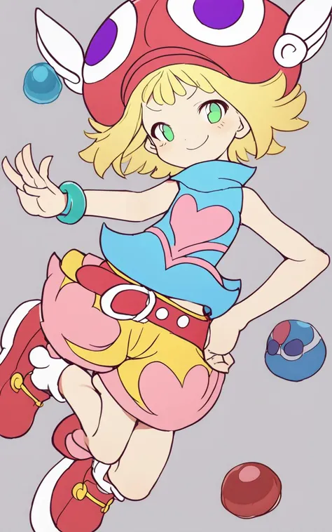 <lora:sdxl-py-amitie:1> 1girl amitie, cute, green eyes, blonde hair, short hair, bracelet, jewelry, hat, skyblue shirt sleeveless, red belt, red shoes, yellow shorts, pink heart,Bashful, masterpiece