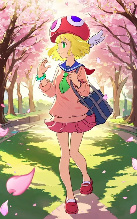 <lora:sdxl-py-amitie:0.7> 1girl amitie, cute, green eyes, blonde hair, short hair, bracelet, jewelry, hat,Chuckling, from below, Dutch Angle/Dutch TiltAfullbody, look up to, warm light sunset, rays light sparkles lens flare deep shadows, depth of field peerless scenery sentimental, Peachland, fantastic, (cherry blossoms), park, petals, wind, serafuku , black vest , orange necktie , fishnet tights, lowfers, school bag