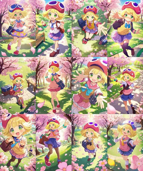 <lora:sdxl-py-amitie:0.7> 1girl amitie, cute, green eyes, blonde hair, short hair, bracelet, jewelry, hat,__facialS__, __view__, __shots__, __look__, warm light sunset, rays light sparkles lens flare deep shadows, depth of field peerless scenery sentimental, Peachland, fantastic, (cherry blossoms), park, petals, wind, { school uniform | serafuku }, { navy | white | black | brown } { vest | long sleeve, sweater }, __colors__ { necktie | bowtie }, __socks__, lowfers, school bag
