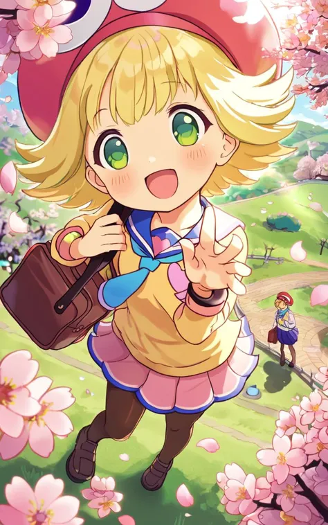 <lora:sdxl-py-amitie:0.7> 1girl amitie, cute, green eyes, blonde hair, short hair, bracelet, jewelry, hat,Chuckling, From a Distance, Overhead Shot, looking up, warm light sunset, rays light sparkles lens flare deep shadows, depth of field peerless scenery sentimental, Peachland, fantastic, (cherry blossoms), park, petals, wind, serafuku , navy long sleeve, sweater , yellow necktie , pantyhose, lowfers, school bag