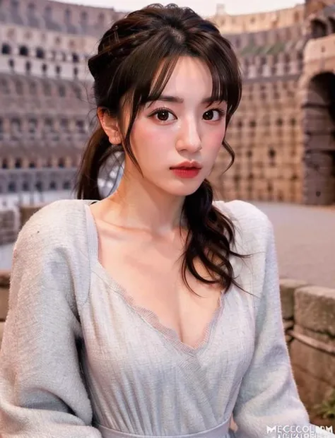 upper body photo of thin 1girl Negona <lora:Negona-1:0.7> , wavy ponytail hair, sexy dress, chest cloth loosen, at colosseum, wideangle close up