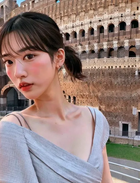 upper body photo of  thin 1girl Negona <lora:Negona-1:0.7> , wavy ponytail hair, sexy dress, chest cloth loosen, at colosseum, wideangle close up