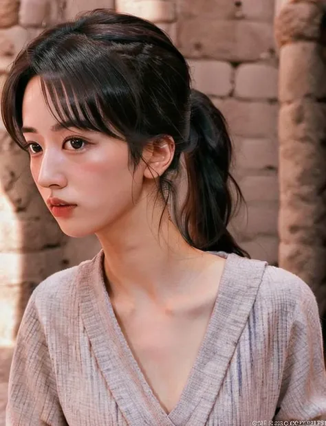upper body photo of thin 1girl Negona <lora:Negona-1:0.7> , wavy ponytail hair, sexy dress, chest cloth loosen, at colosseum, wideangle close up