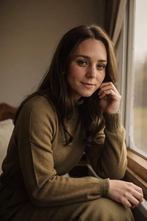a 40 year old c1873em, wearing khaki jumper <lora:Catherine_Middleton-000010:1> 1girl, solo, realistic, long_hair, c1873em,