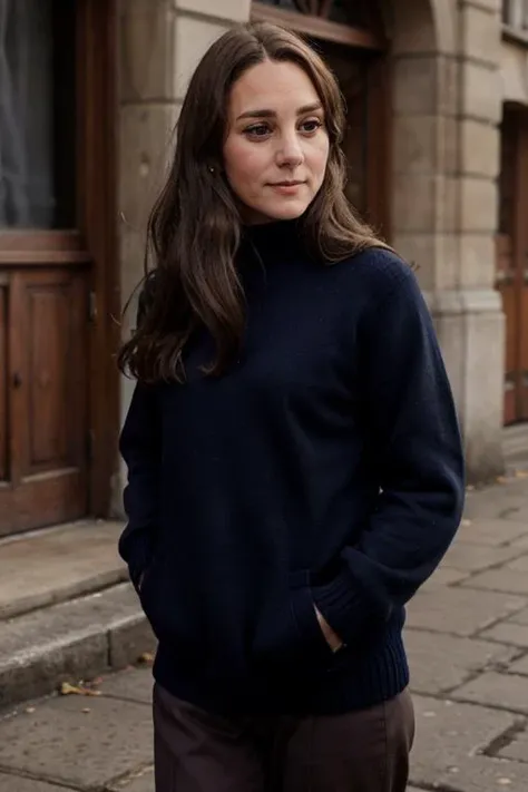 a 40 year old c1873em, wearing navy jumper <lora:Catherine_Middleton-000010:1> 1girl, solo, realistic, long_hair, c1873em,