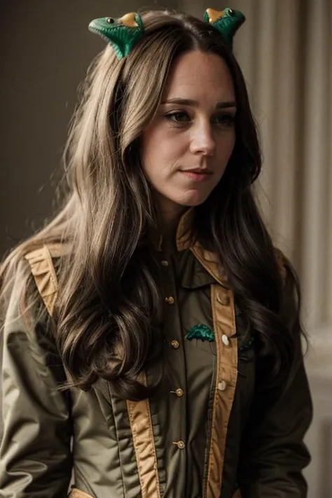 <lora:Catherine_Middleton-000010:1> 1girl, solo, realistic, long_hair, c1873em, wearing a dinosaur costume