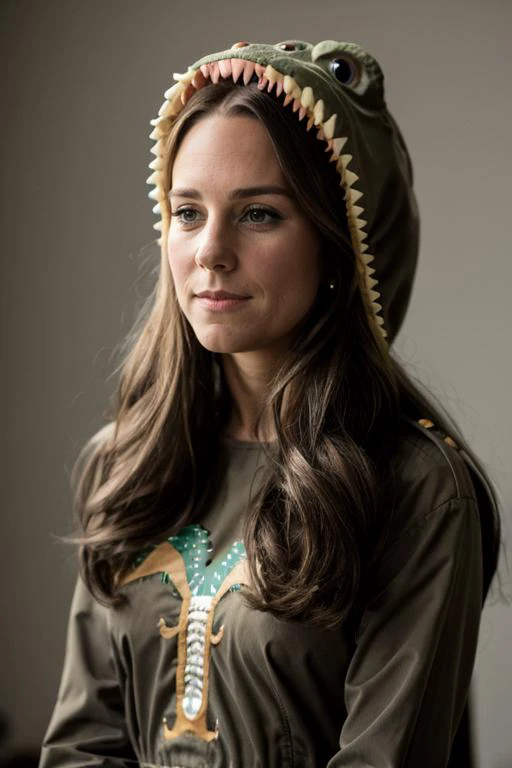 <lora:Catherine_Middleton-000010:1> 1girl, solo, realistic, long_hair, c1873em, wearing a dinosaur costume