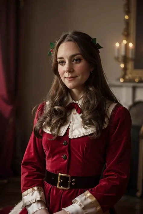 a 40 year old c1873em, wearing a santa outfit <lora:Catherine_Middleton-000010:1> 1girl, solo, realistic, long_hair, c1873em,