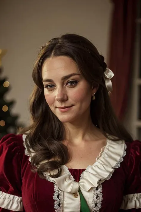 a 40 year old c1873em, wearing a santa outfit <lora:Catherine_Middleton-000010:1> 1girl, solo, realistic, long_hair, c1873em,