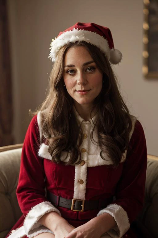a 40 year old c1873em, wearing a santa outfit <lora:Catherine_Middleton-000010:1> 1girl, solo, realistic, long_hair, c1873em,