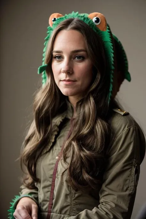 <lora:Catherine_Middleton-000010:1> 1girl, solo, realistic, long_hair, c1873em, wearing a dinosaur costume