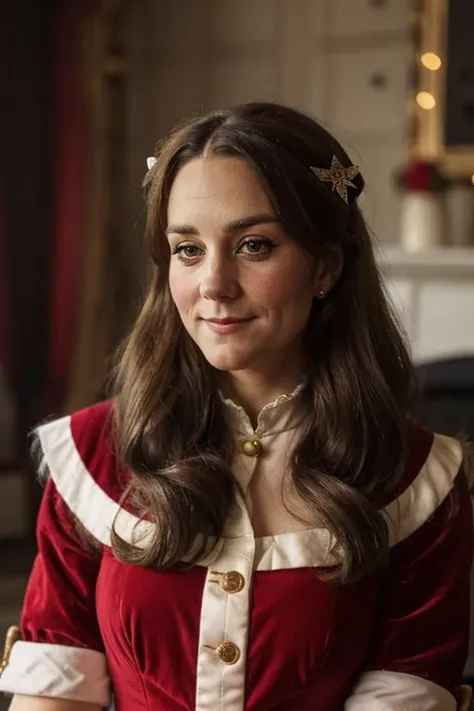 a 40 year old c1873em, wearing a santa outfit <lora:Catherine_Middleton-000010:1> 1girl, solo, realistic, long_hair, c1873em,