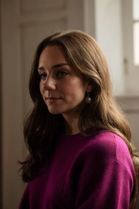 a 40 year old c1873em, wearing Bright Purple jumper <lora:Catherine_Middleton-000010:1> 1girl, solo, realistic, long_hair, c1873em,
