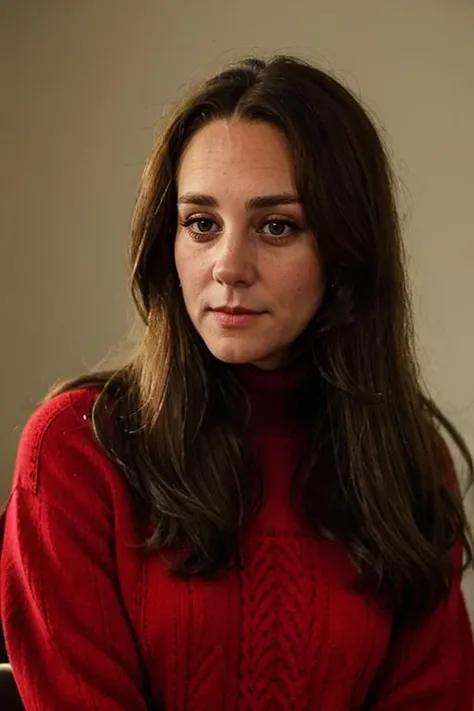 a 40 year old c1873em, wearing Blood Red jumper <lora:Catherine_Middleton-000010:1> 1girl, solo, realistic, long_hair, c1873em,
