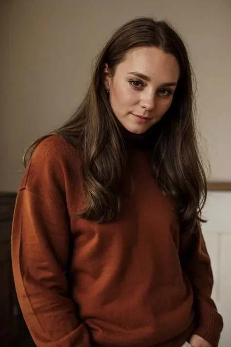 a 40 year old c1873em, wearing rust jumper <lora:Catherine_Middleton-000010:1> 1girl, solo, realistic, long_hair, c1873em,