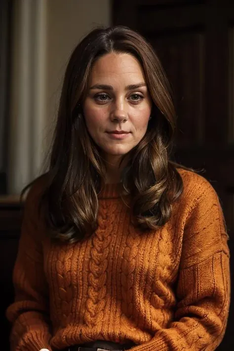 a 40 year old c1873em, wearing burnt orange jumper <lora:Catherine_Middleton-000010:1> 1girl, solo, realistic, long_hair, c1873em,