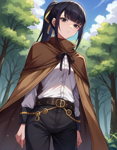 score_9, score_8_up, score_7_up, source_anime,
narberalgamma, <lora:narberal-gamma-ponyxl-lora-nochekaiser:1>,
narberal gamma, black hair, high ponytail, long hair, slanted eyes, narrow eyes, black eyes,
belt, belt buckle, black pants, black ribbon, brown cape, buckle, buttons, cape, pants, ribbon-trimmed cape, white shirt,
outdoors, forest, nature,
looking at viewer, cowboy shot, dutch angle,