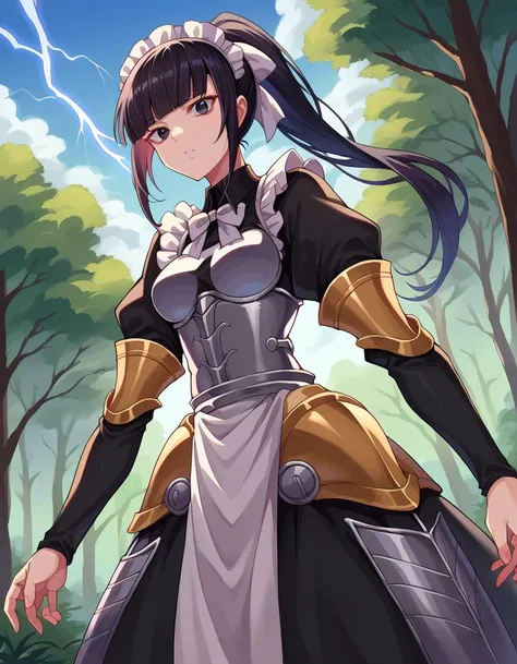 score_9, score_8_up, score_7_up, source_anime,
narberalgamma, <lora:narberal-gamma-ponyxl-lora-nochekaiser:1>,
narberal gamma, black hair, high ponytail, long hair, slanted eyes, narrow eyes, black eyes,
apron, armor, black dress, dress, frills, long sleeves, maid, maid headdress, puffy sleeves,
outdoors, forest, nature, magic, lightning,
looking at viewer, cowboy shot, dutch angle,