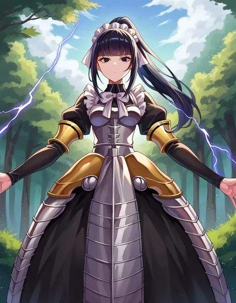 score_9, score_8_up, score_7_up, source_anime,
narberalgamma, <lora:narberal-gamma-ponyxl-lora-nochekaiser:1>,
narberal gamma, black hair, high ponytail, long hair, slanted eyes, narrow eyes, black eyes,
apron, armor, black dress, dress, frills, long sleeves, maid, maid headdress, puffy sleeves,
outdoors, forest, nature, magic, lightning,
looking at viewer, cowboy shot, dutch angle,