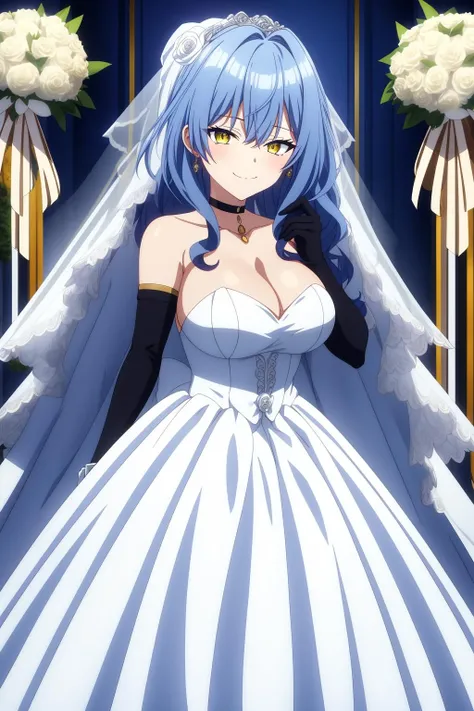milicent, 1girl, solo, long_hair, breasts, looking_at_viewer, blush, bangs, large_breasts, hair_ornament, gloves, cleavage, hair_between_eyes, bare_shoulders, jewelry, closed_mouth, blue_hair, collarbone, yellow_eyes, flower, sleeveless, alternate_costume, choker, elbow_gloves, white_gloves, necklace, white_dress, strapless, sleeveless_dress, rose, black_choker, hair_intakes, white_flower, veil, strapless_dress, bouquet, wedding_dress, yellow_flower, bridal_veil, white_rose, holding_bouquet, bride, wedding , sadism_smile