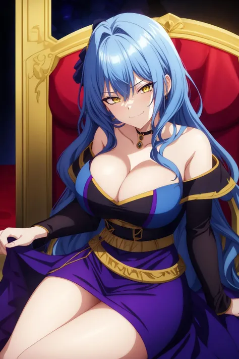 milicent, 1girl, solo, long_hair, breasts, looking_at_viewer, bangs, large_breasts, cleavage, hair_between_eyes, bare_shoulders, jewelry, closed_mouth, blue_hair, yellow_eyes, black_dress, latex_dress, sitting, throne, smirk