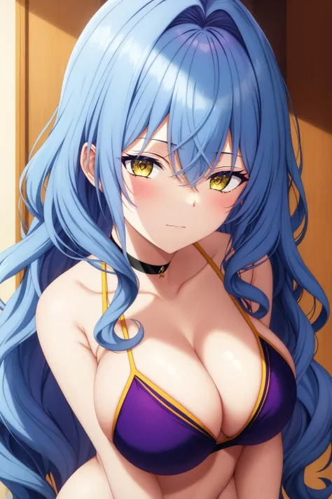 milicent, 1girl, solo, long_hair, breasts, looking_at_viewer, blush, bangs, large_breasts, cleavage, hair_between_eyes, bare_shoulders, very_long_hair, closed_mouth, blue_hair, collarbone, swimsuit, yellow_eyes, upper_body, bikini, choker, bra, shiny_hair, bare_arms, wavy_hair, black_choker, hair_intakes, blue_bikini
