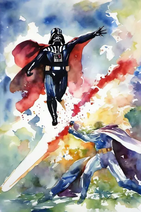 darth vader fighting superman, 2 people, lightsaber <lora:watercolor_v1_sdxl:1>