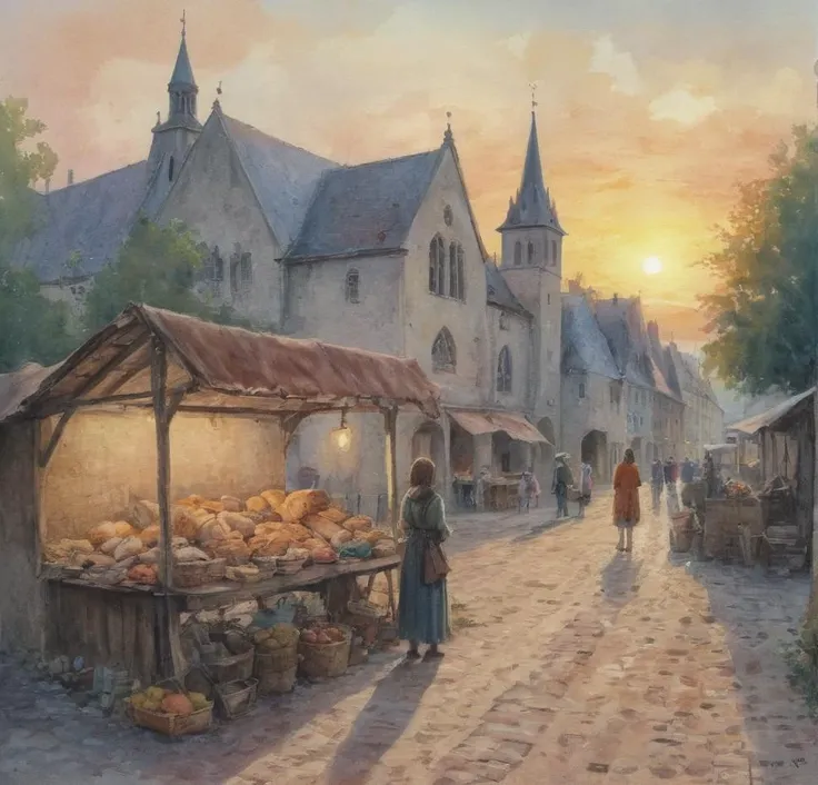 DRAWING, painting <lora:watercolor_v1_sdxl:1>, <lora:xl_more_art-full_v1:0.5>, anime, pastels, <lora:Dreamyvibes:0.5> Dreamyvibes, countryside, medival city, forest, sunset, city center, market, medival woman selling on market, Market, shopping stand, woman selling bread, tribal, old, old church in background, paving, tenement