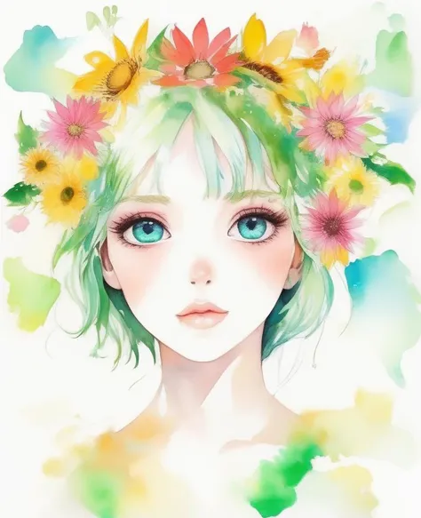 1girl,blue eyes,green hair,rose, (sunflower),(daisy), freckles, portrait, petals,(background full of flowers) ,(face close up),(Open eyes),(vibrant colors),(summer:1.5)<lora:watercolor_v1_sdxl:2.4>
