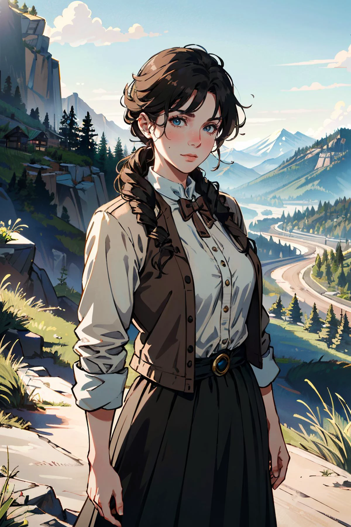 ((ultra detailed, masterpiece, absurdres))
<lora:RDR2MaryBeth:0.8>
RDR2MaryBeth, 1girl, drill hair, brown hair, looking at viewer, mountain trail, midday, clear and crisp light illuminating the landscape, cowboy shot