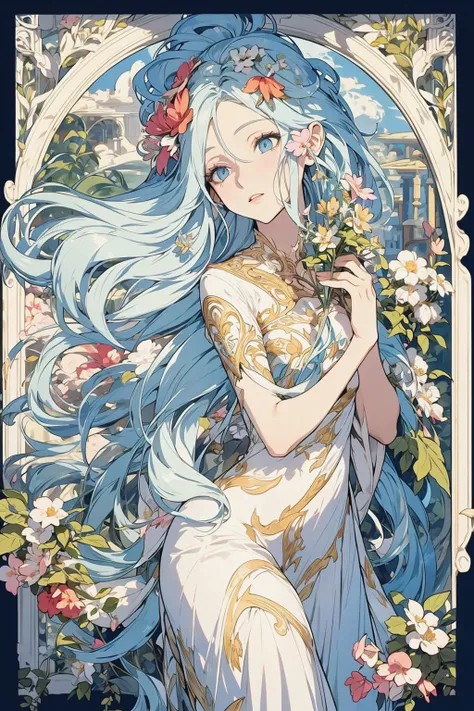 1 woman, slim figure, art nouveau, hair flower, flowing hair, detailed eyes, colorful flowers, beautiful garden, scenery