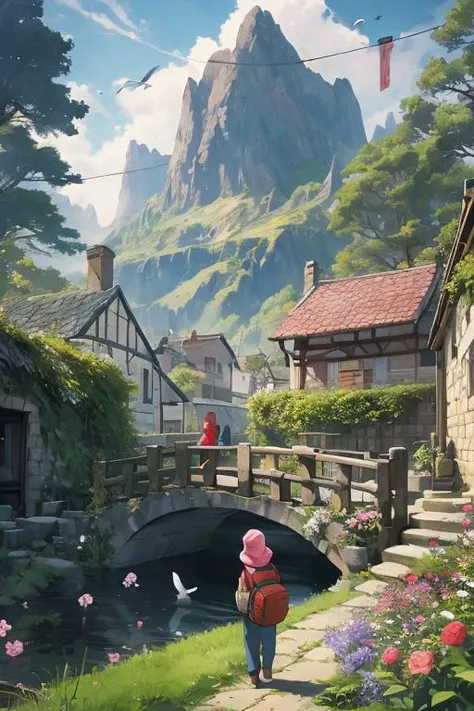 2boys,bird,tree,flower,stone wall,village,mountain,wall,english ,bridge,scenery,pink flower,path,backpack,house,2boys,hood,bush,multiple boys,fruit tree,original,,mixed-language ,hat,hood up,pants,bag,building,grass,noba,water wheel,