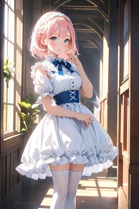 (masterpiece, best quality), 1girl, blue and white frill dress, (white stockings), pink hair, cute face, standing, indoor, intricate detail, sunlight,