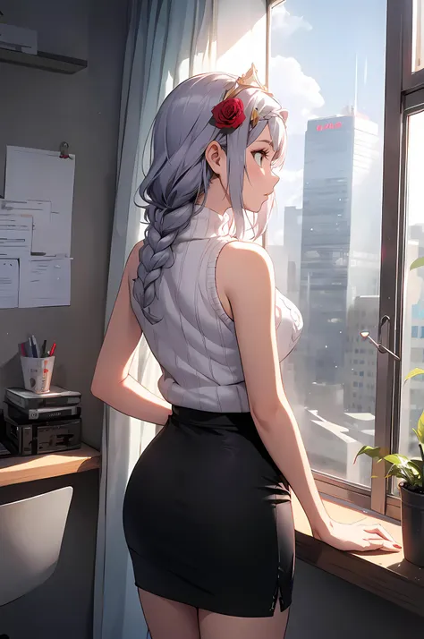 <lora:noelle1ep10_0.85dim32:1>, noelledef, braid, hair flower, rose, indoors, standing, looking away, facing away, looking out window, window, cityscape, skyscraper, long hair ,office lady ,pencil skirt ,ribbed sweater , skirt ,sleeveless ,sleeveless sweater , sweater , stockings ,turtleneck,turtleneck sweater