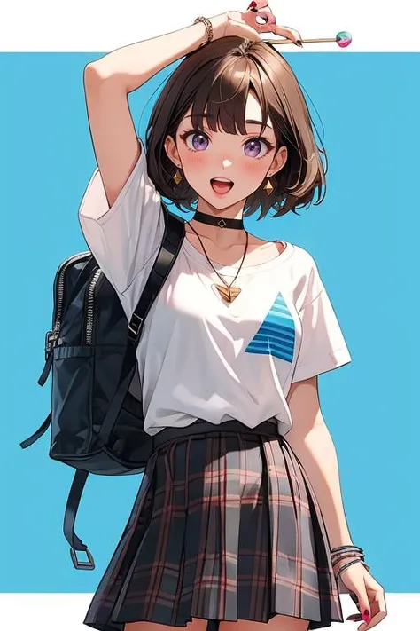 1girl,plaid skirt,bangs,bag,medium skirt,collarbone,black nails,eyebrows visible through hair,arm up,black choker, o,small breasts,zipper,blush,ahoge,yumesaki,white shirt,blue skirt,pendant,skirt,jewelry,revision,1girl,shirt,cowboy shot,solo,shadow,fingernails,wide sleeves,,holding food,blue background,short sleeves,pleated skirt,purple eyes,open mouth,plaid,food,simple background,blunt bangs,earrings,holding lollipop,breasts,brown hair,arm at side,triangle earrings,original,candy,nail polish,necklace,short hair,holding,choker,lollipop,backpack,