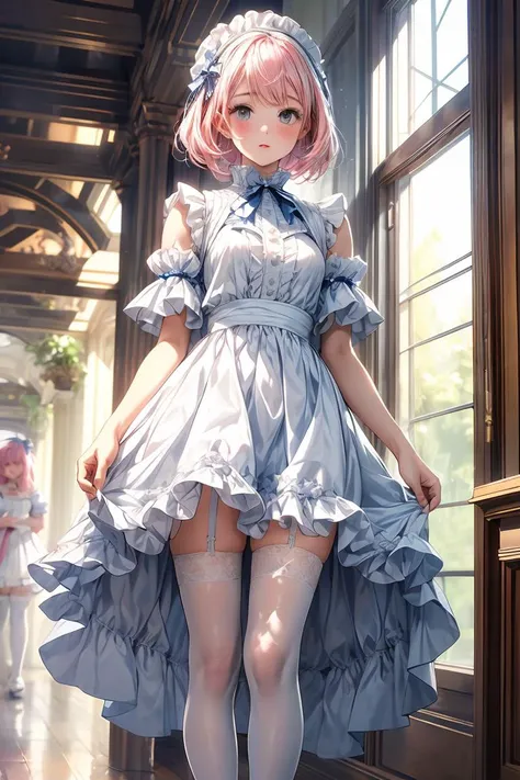 (masterpiece, best quality), 1girl, blue and white frill dress, (white stockings), pink hair, cute face, standing, indoor, intricate detail, sunlight, <lora:add_detail:1>