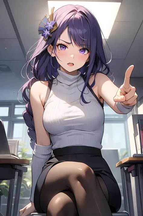 <lora:raidenshogun1:1>, raidenshogundef, mole under one eye, purple eyes, purple hair, braided ponytail, flower, hair flower, very long hair, (POV:1.2), from below, stern, (frown:1.2), parted lips, open mouth, pointing at viewer, pointing towards camera, lecturing, facing viewer, sitting, sitting back, crossed legs, business chair, CEO, regal, square on, looking at viewer, office, corporate, indoors, office lady ,pencil skirt ,ribbed sweater , skirt ,sleeveless ,sleeveless sweater , sweater , stockings ,turtleneck,turtleneck sweater