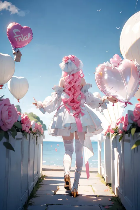 1girl,1boy,looking to the sky,(balloon:1.2),(heart balloon:1.3),sky,outdoors,(from behind:1.2),full body,wedding,church,statue,roses,sunshine,<lora:0194 NIKKE Dorothy_v1:1>,ruanyi0194-2,wedding dress,white dress,white thighhighs,hair ornament,, best quality,masterpiece,highres,official art,extremely detailed cg unity 8k wallpaper