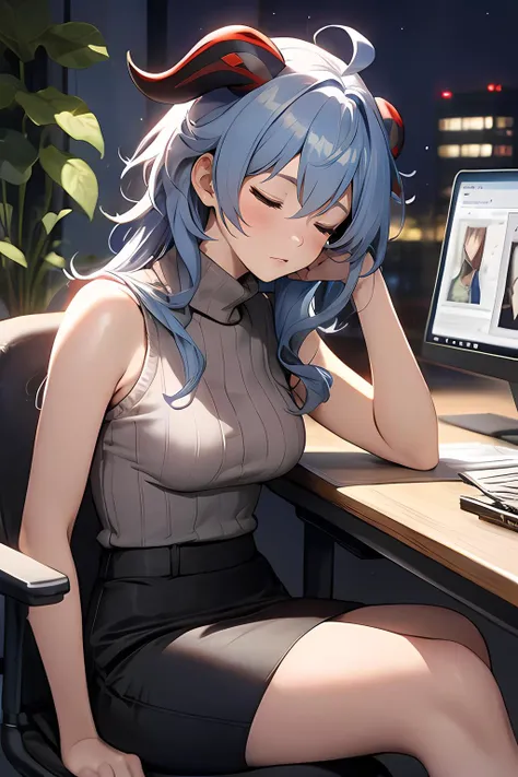 ganyudef, <lora:ganyu2ep10_0.85dim32:0.85>, blue hair,horns, bangs,ahoge,bell,closed eyes,long hair, breasts, sleeping, head resting on desk, head down, indoors, desk, office, computer, nighttime, sitting, dark, ,office lady ,pencil skirt ,ribbed sweater ,sleeveless ,sleeveless sweater ,solo ,sweater , ,turtleneck,turtleneck sweater