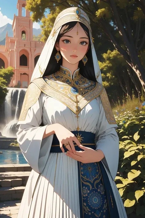 1girl, mundane 3D Rendering, intricate details, landscape of a ([Iglesia de la Compañía|The Water Gardens of Dorne]:1.3) in the distance there is a Mount Shasta, it is very Magnificent and Exceptional, fairy tale, crowded woods and Ring system in background, Sunny, Classical, Dark and Gritty, stylized, Dreamcore, Light and shadow plays, Depth of field 270mm, Agfacolor, Elegant, Mandala, RTX, contest winner, (abstract art by Alasdair McLellan:0.8) , (Jacek Malczewski:1.0) , (Herbert List:0.9) , ornate