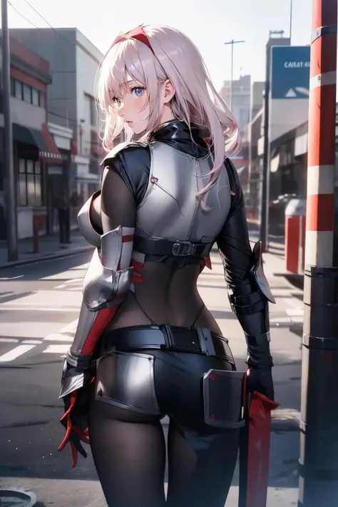 1girl,solo,medium breasts,outdoors,<lora:GoodHands-beta2:1>,cityscape,cowboy shot,thigh gap,<lora:0333 Guren Shadow COSPLAY_v1:0.9>,ruanyi0333,armor,belt,breastplate,from behind,ass,hairband,, best quality,masterpiece,highres,official art,extremely detailed cg unity 8k wallpaper