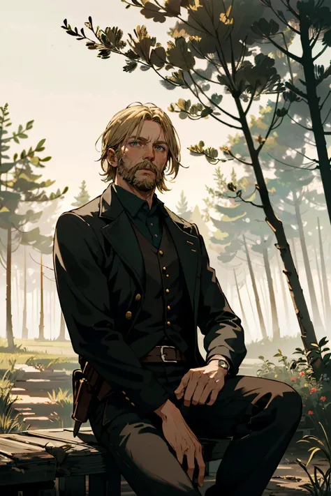 ((ultra detailed, masterpiece, absurdres))
 <lora:RDR2Micah:0.7>
RDR2Micah, 1boy, blonde hair, beard, looking at viewer, sitting, Misty forest at dawn, cinematic lighting, eerie atmosphere, high detail