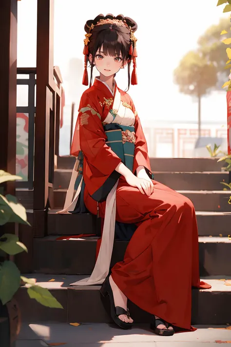 <lora:GoodHands-æbeta2:1>,solo,1girl,outdoors,blonde hair,full body,ruanyi0363,hanfu,wide sleeves,see-through,chinese clothes,red dress,<lora:0363 Shangyuan Ankang_v2-000003:1>,sitting on stairs,, best quality,masterpiece,highres,official art,extremely detailed cg unity 8k wallpaper