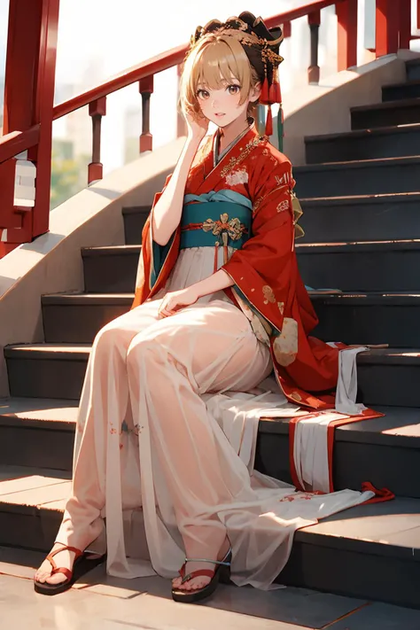 <lora:GoodHands-æbeta2:1>,solo,1girl,outdoors,blonde hair,full body,ruanyi0363,hanfu,wide sleeves,see-through,chinese clothes,red dress,<lora:0363 Shangyuan Ankang_v2-000003:1>,sitting on stairs,robe,, best quality,masterpiece,highres,official art,extremely detailed cg unity 8k wallpaper